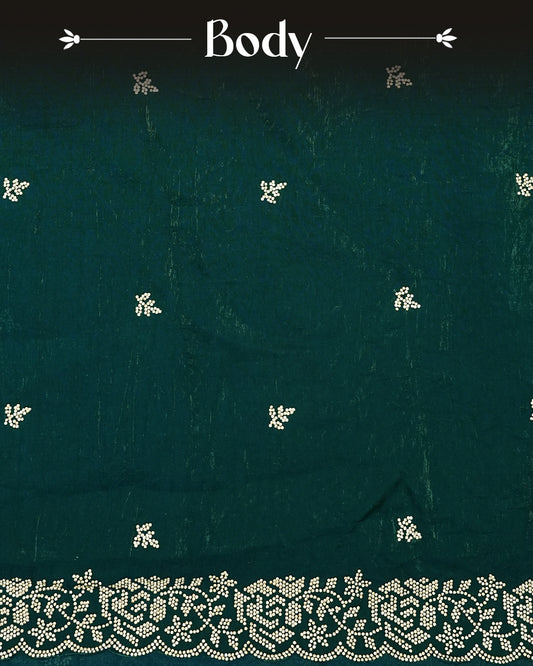 Green colour Velvet chiffon designer saree featuring delicate stone motifs on body and stone worked border, comes with matching blouse piece.