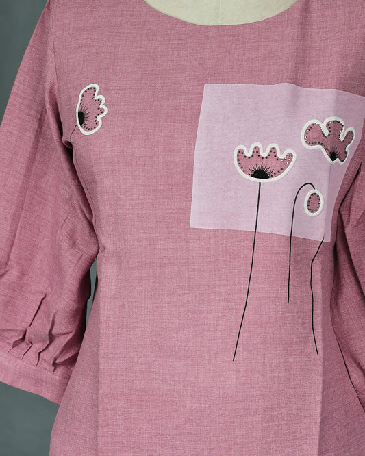 Pink colour Black Print on body, Round Neck design, With sleeve.