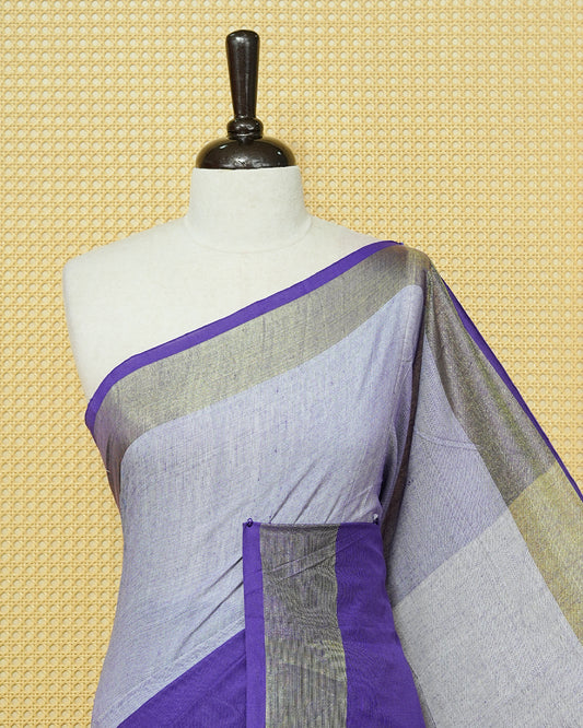 Violet & Light Violet Colour Half & Half Mul cotton saree Complemented by contrast colour Zari Border & tassels.
