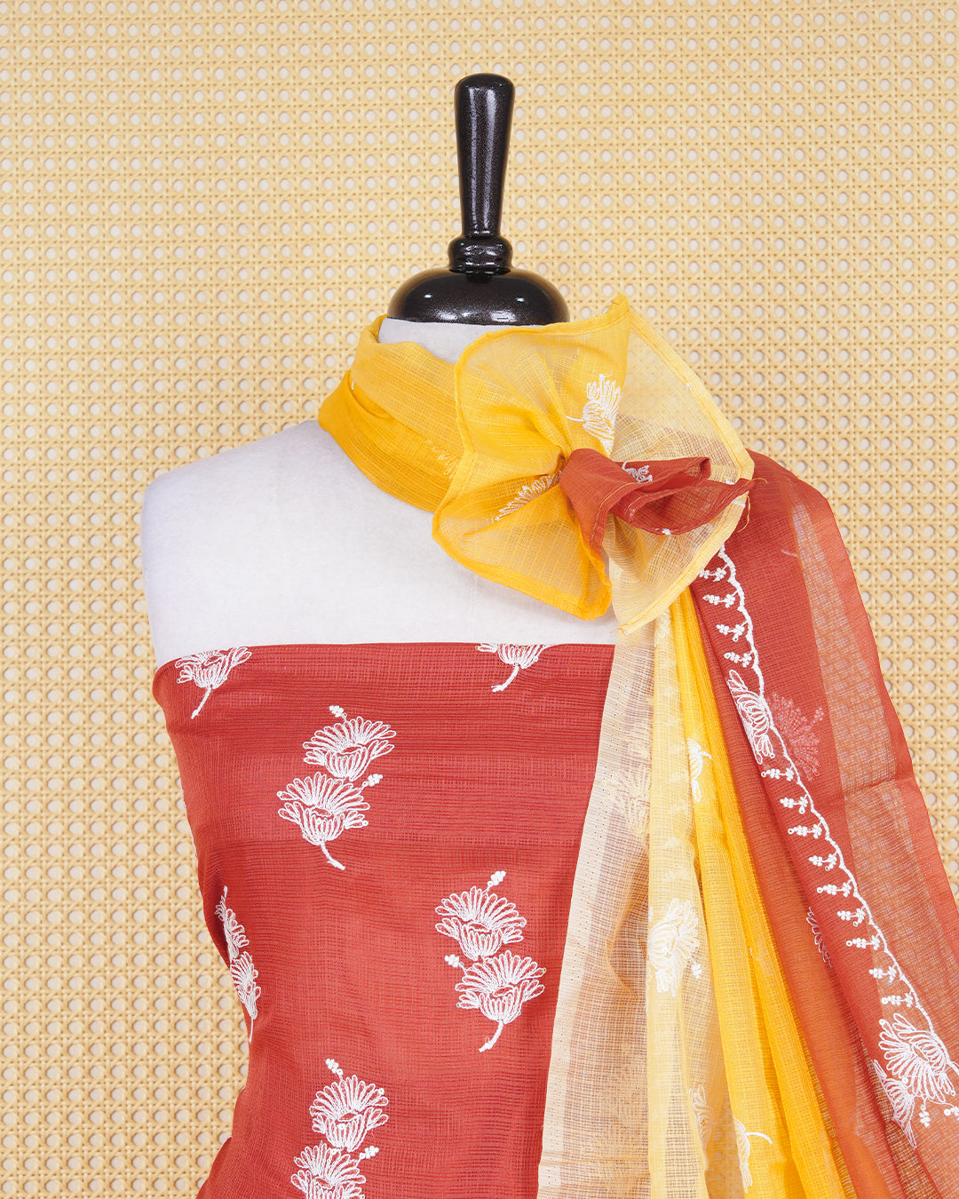 Burnt Orange & yellow Colour Net Kota Material Featuring Floral Thread Pattern on Body, Paired with Matching Bottom & Elegant Dupatta