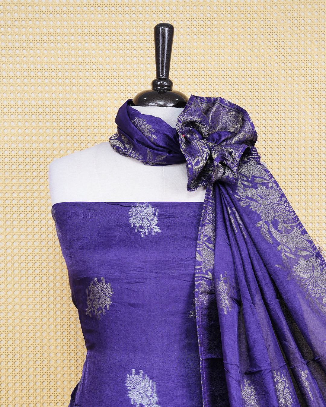 Voilet colour Banares Salwar material Featuring Gold and Silver zari floral motifs on body, paired with matching bottom & Elegant Dupatta
