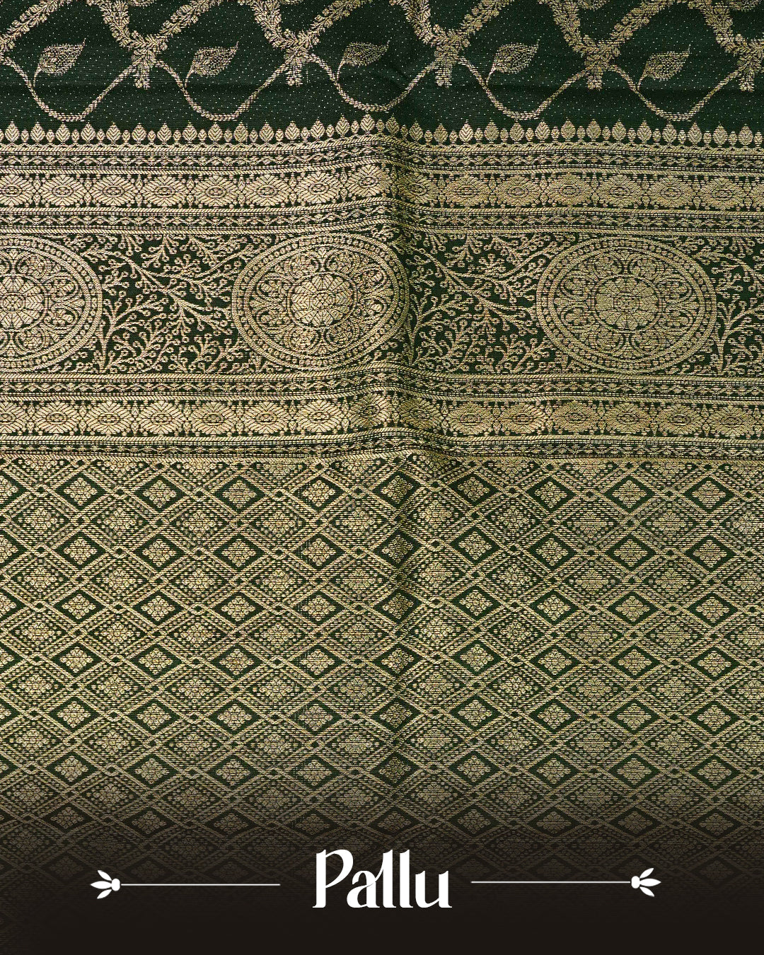 Dark Green colour semi wedding saree featuring  gold zari Floral kodi  Pattern on body, contrast Self colour with traditional border, paired with matching blouse piece.