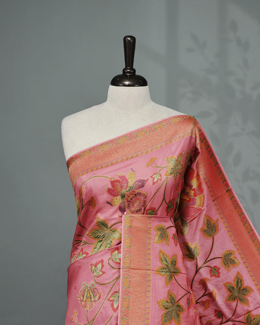 Pink Colour Pashmina Saree featuring Plain body, complemented by Contrast Peach colour with Floral pattern & gold zari on border and Pallu, comes with matching blouse piece.