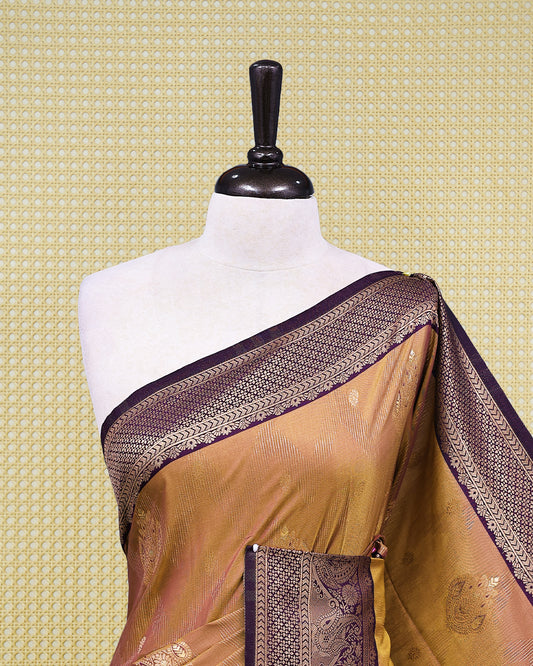Brownze & gold double shade Mulberry silk saree featuring floral gold zari patterns on body, paired with contrast purple colour with traditional border, comes with matching blouse piece.