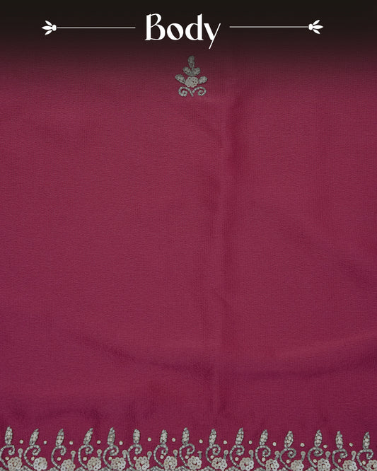Maroon colour Chiffon Designer saree featuring Beats & Sequins Motifs on body and worked border, comes with matching blouse piece.