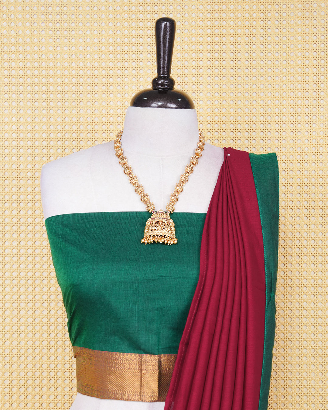 Bottle green colour Chettinad Semi Stitched dhavani set Featuring brick red with Gold zari on skirt, matching Blouse & Contrast dupatta.
