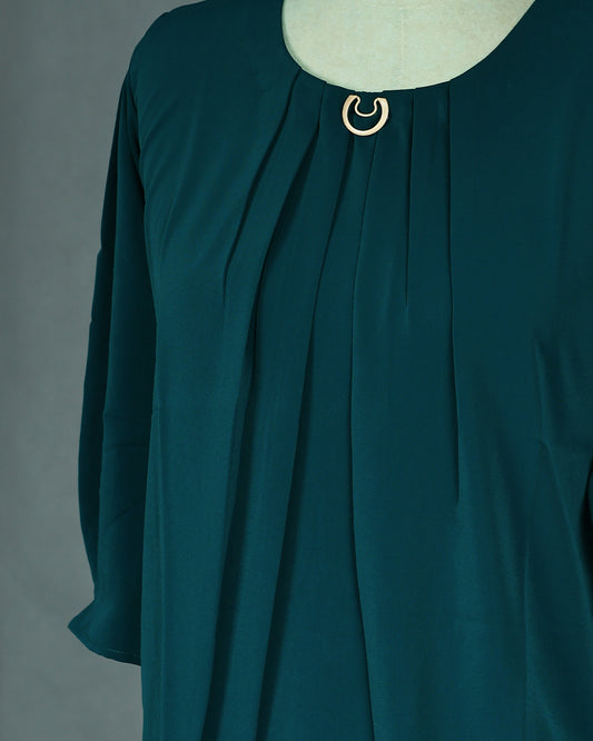 Teal colour Top with Plain with Pleats on body, Round neck design, With sleeve.