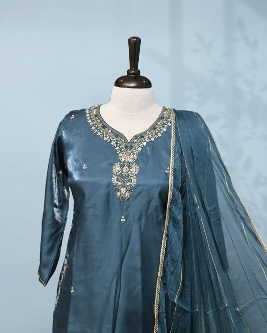 Teal colour salwar set with Stone work on top, paired with matching bottom & Dupatta.