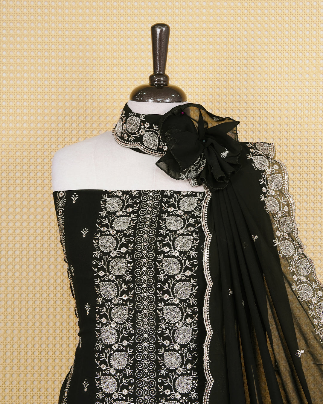 Black colour Georgette Salwar Material Featuring Gold Thread Work on body, paired with matching Bottom & Elegant Dupatta.