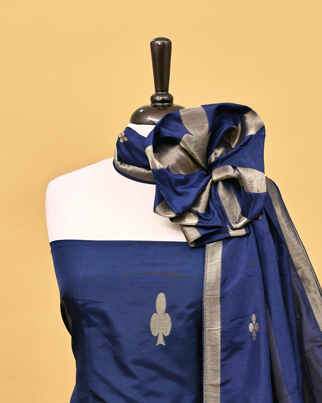 Navy Blue colour Salwar material with Gold zari Club card design on body, matching bottom & Dupatta.