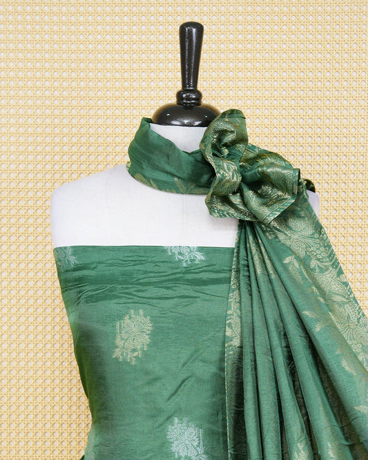 Olive Green colour Banaras salwar material Featuring Gold & silver Zari Floral motifs on body, paired with matching bottom & Elegant Dupatta