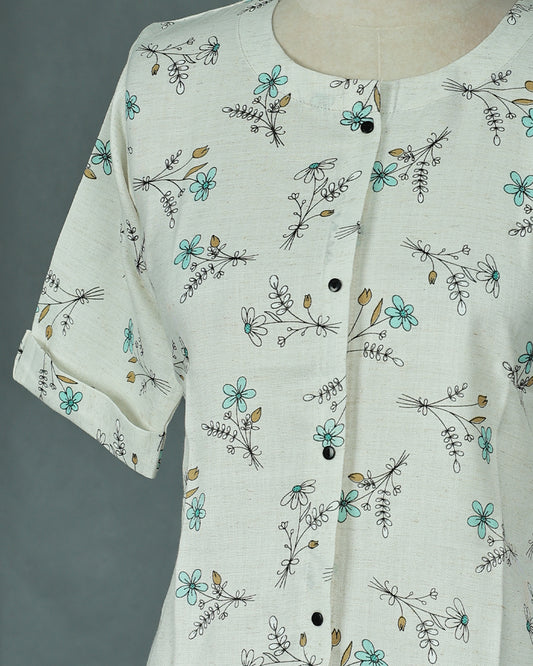 Off White colour Floral Print work on body, Round with Shirt design, With sleeve.