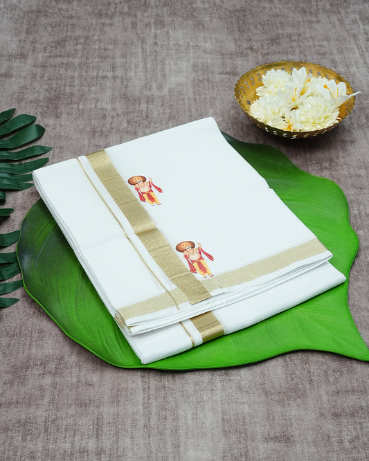 Cream Coloured Cotton Double Dhoti Finished with Maveli Prints &  Gold Kara