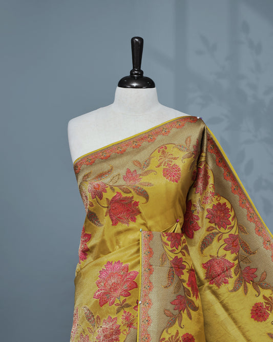 Olive yellow Colour Pashmina Saree featuring Plain body, complemented by Contrast colour with Floral pattern & gold zari on border and Pallu, comes with matching blouse piece.