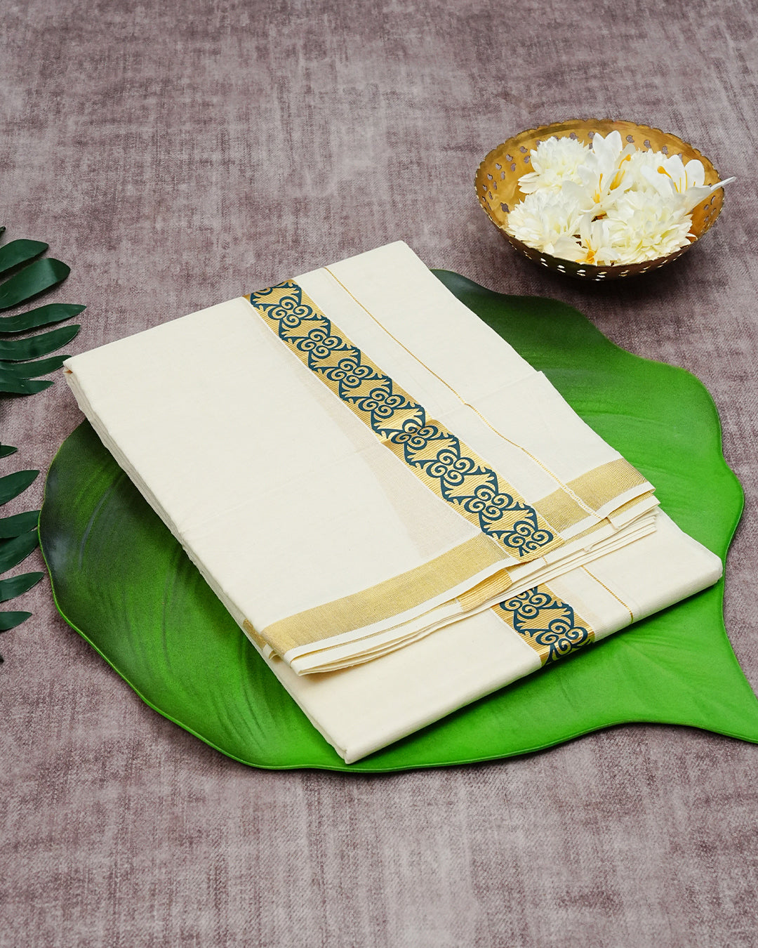 Cream Coloured Cotton Double Dhoti Finished with  Green Colour Designed Printed  Gold Kara