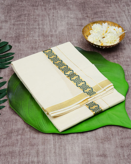 Cream Coloured Cotton Double Dhoti Finished with  Green Colour Designed Printed  Gold Kara