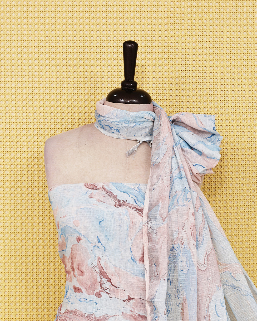 Pastel Blue & Blush Marble colour Linen  Salwar Material with a matching printed bottom and a coordinated lightweight dupatta