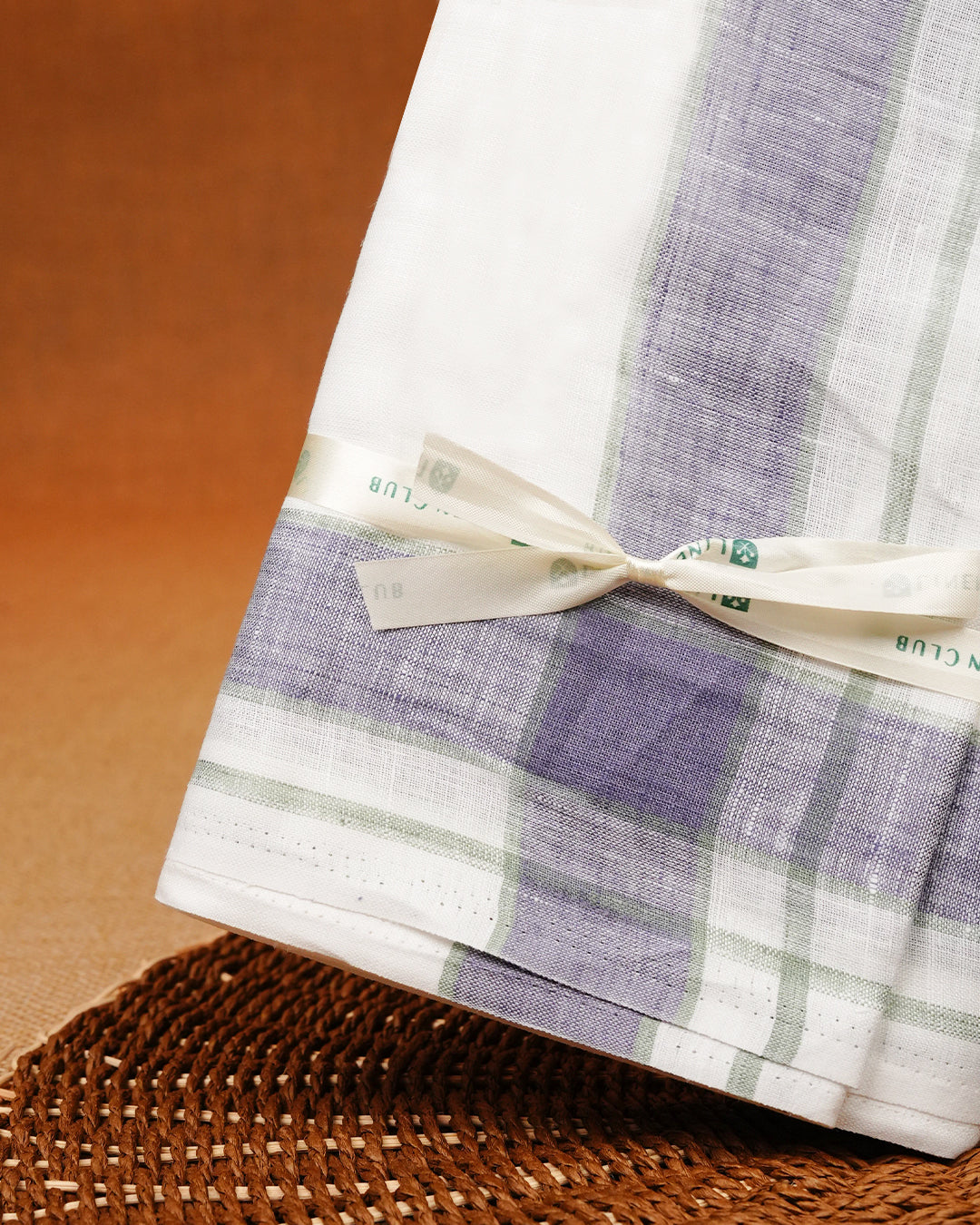 White colour Pure Linen Double dhoti With Light purple border.
