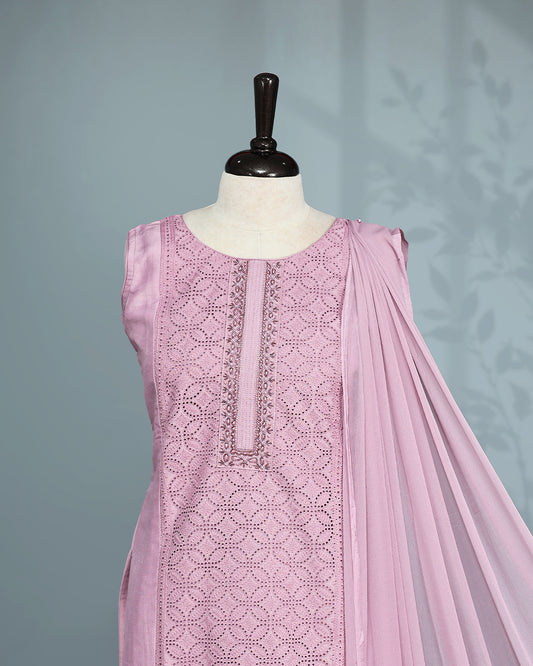 Pink colour Salwar set comes top with Beats & cutbeats on body, paired with matching bottom and dupatta.