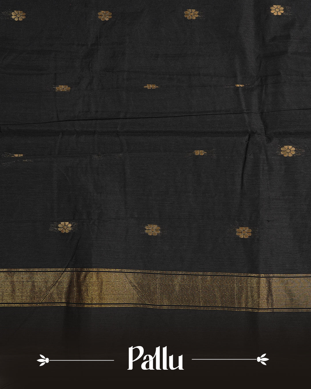 Pista Colour Kalyani Cotton Saree Featuring Gold Zari Floral Patterns on the Body, Complemented by a Black Colour Border with Stripes & Floral Gold Zari, Paired with a Matching Blouse Piece.