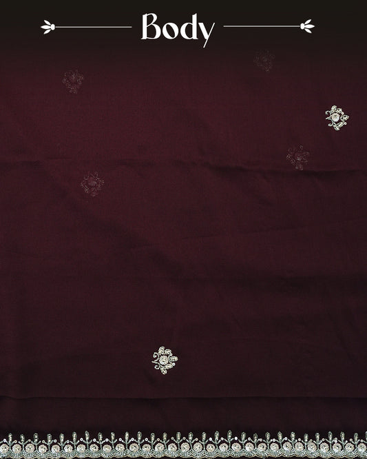 Chocolate brown colour Chiffon Designer saree featuring Beats & Sequins Motifs on body and worked border, comes with matching blouse piece.