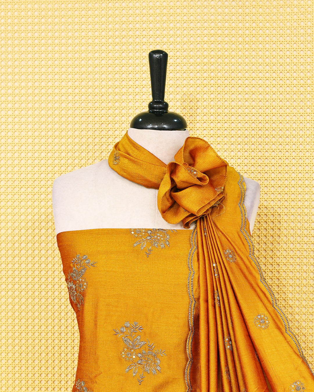 Mustard Yellow colour Vijitra silk Salwar Material featuring embroidery work on kurta ,matching bottom and embellished dupatta.