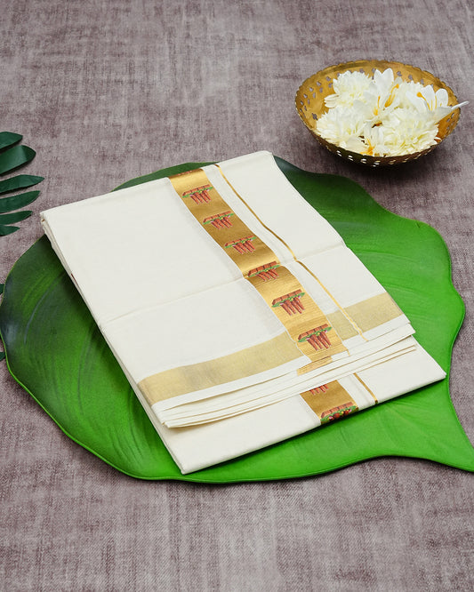 Cream Coloured Cotton Double Dhoti Finished with Onam Themed Printed Gold Kara