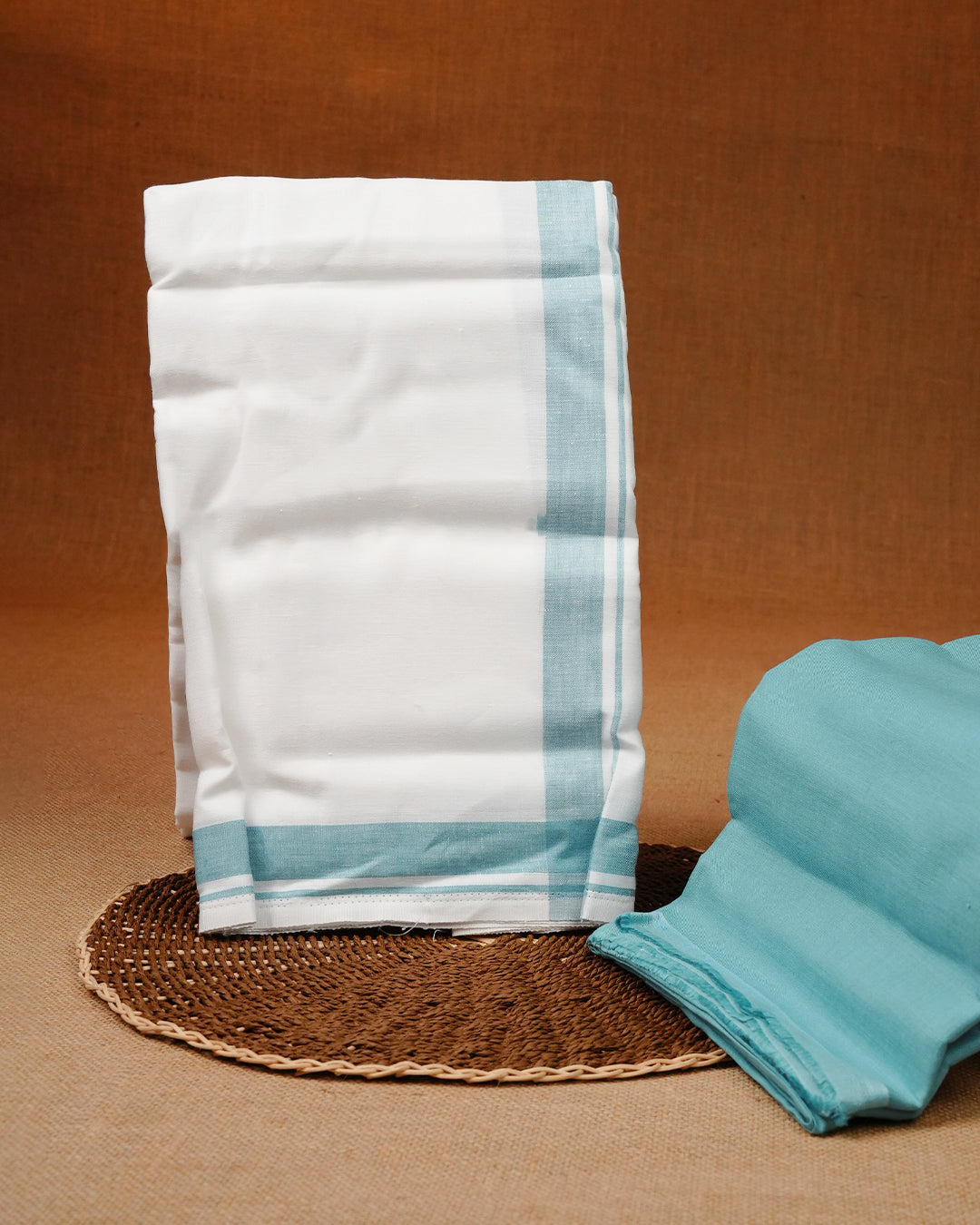Aqua colour linen shirt material with matching Single Dhoti Set.