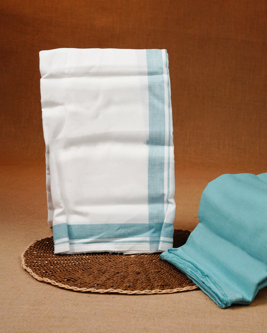 Aqua colour linen shirt material with matching Single Dhoti Set.