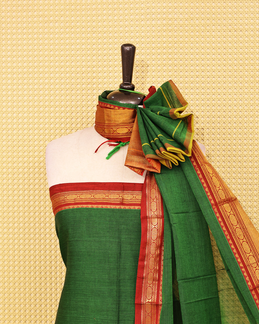 Green colour chettinad Salwar Material with rich contrast zari borders and a matching dupatta, perfect for festive and traditional wear.