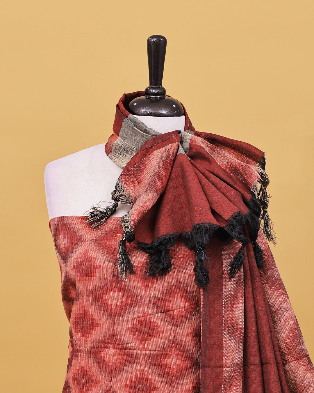 Brick red colour Net cotton Salwar material with Geometric pattern work on body, matching bottom & Dupatta.