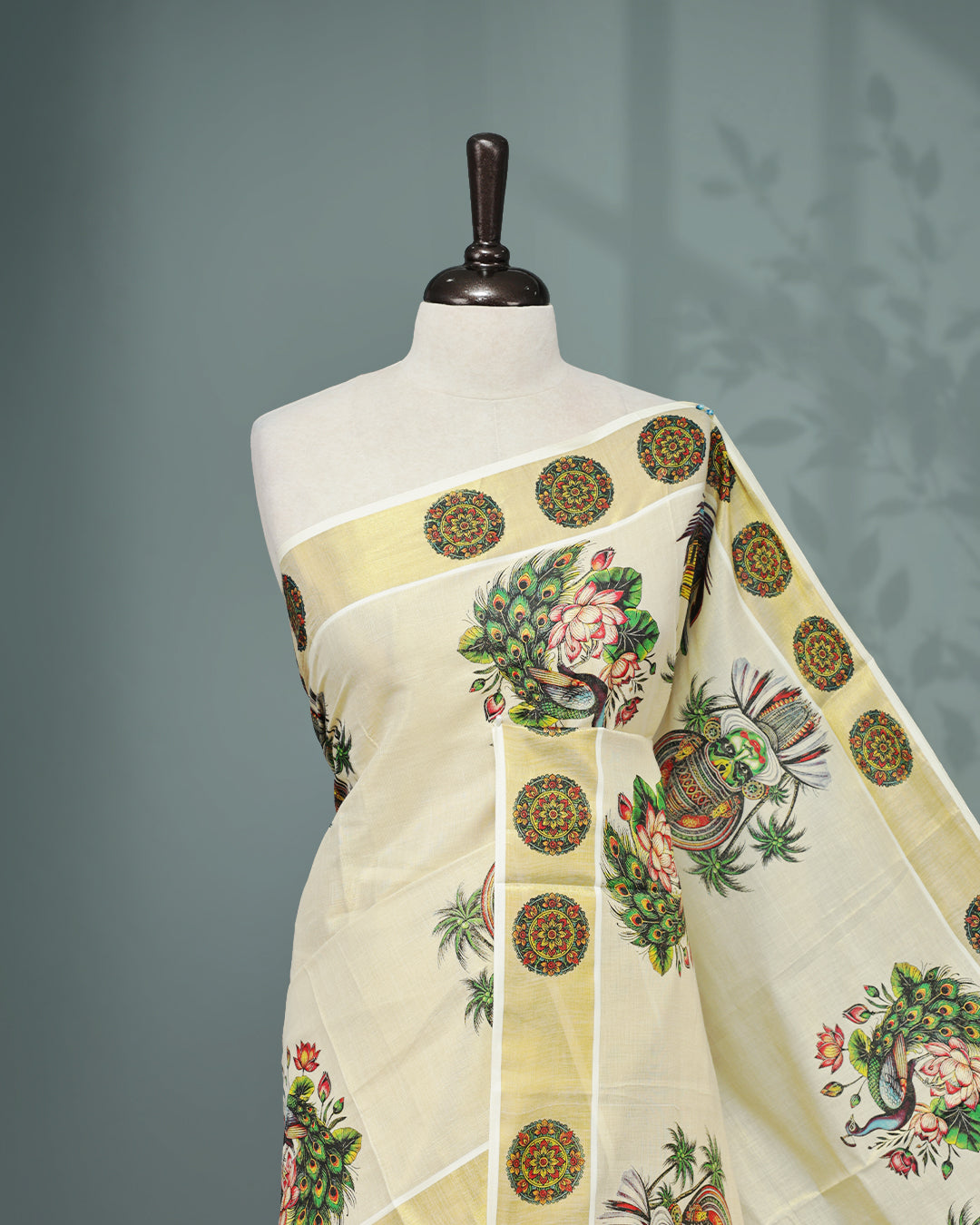 Cream colour Tissue Kerala saree Featuring An Elegant body, complemented by a classic gold zari with Indian Art form print on border, matching blouse piece.
