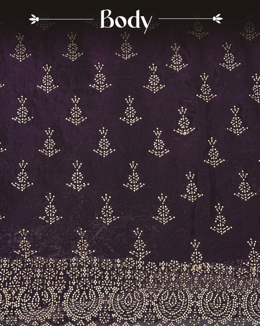 Purple colour Velvet chiffon designer saree featuring Stone & Cut beats work on body,and border, comes with matching blouse piece.