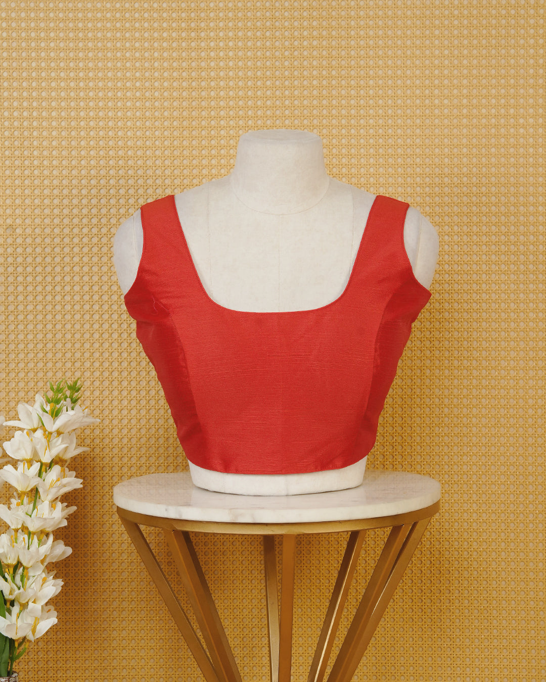 Red Colour Plain Blouse Featuring A Classic U Neckline, Sleeveless Design, And A Simple, Clean Finish.