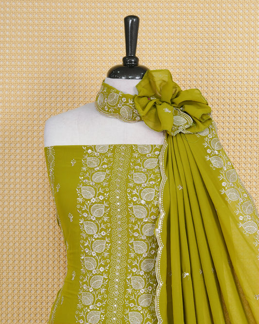 Avocado Green colour Georgette Salwar Material Featuring Gold Thread Mirorr Work on body, paired with matching Bottom & Elegant Dupatta.