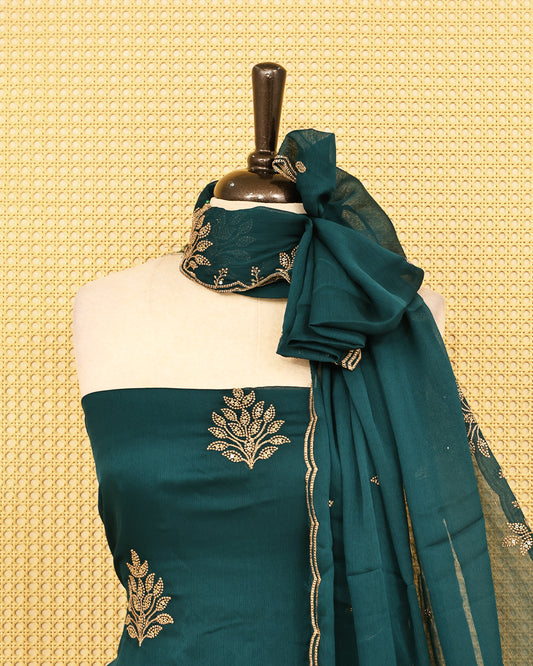 Teal colour salwar material featuring Thread with Sequin work on body, paired with matching bottom & dupatta.