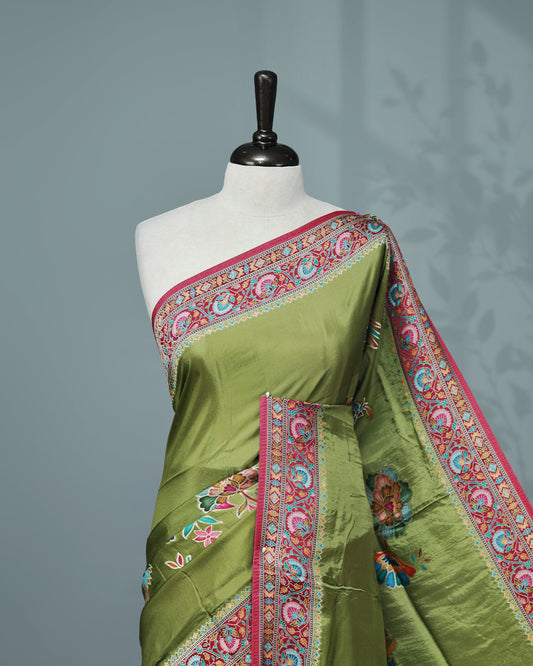 Olive Colour Pashmina Saree featuring Plain body, complemented by Contrast Magenta colour with Floral pattern & gold zari on border and Pallu, comes with matching blouse piece.