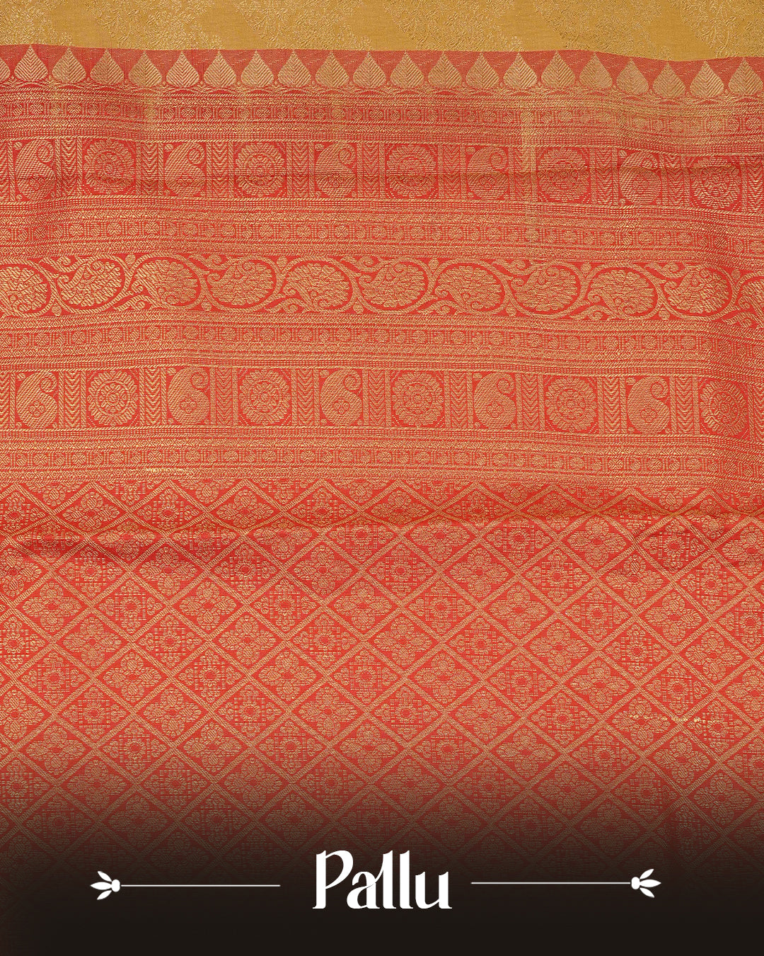 Mustard gold colour semi wedding saree featuring elegant self gold zari motifs on the body, complemented by a contrast red traditional zari border and a rich zari pallu. Paired with a matching blouse piece,