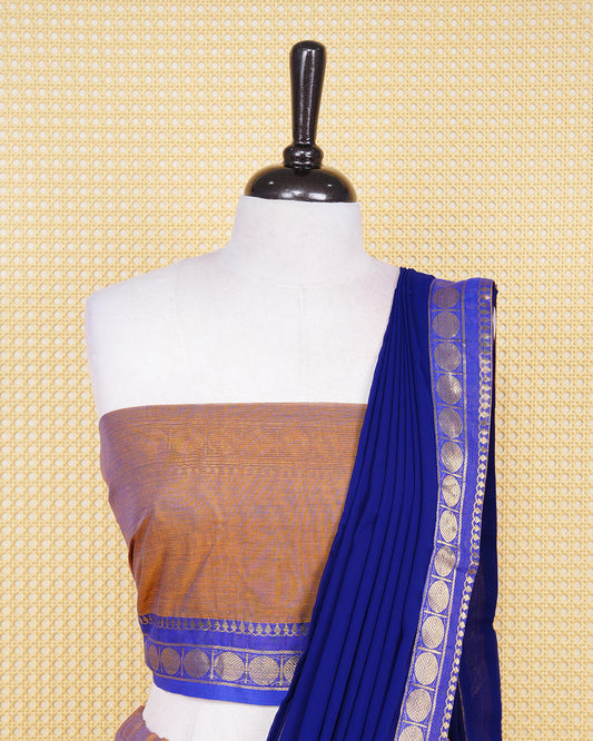 Sandalwood colour Chettinad Semi Stitched dhavani set Featuring Blue with Gold zari on skirt, matching Blouse & contrast dupatta.