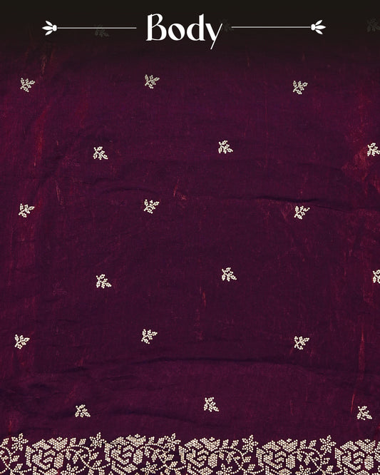 Redish purple colour Velvet chiffon designer saree featuring delicate stone motifs on body and stone worked border, comes with matching blouse piece.