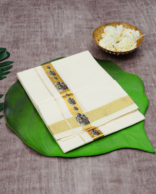 Cream Coloured Cotton Double Dhoti Finished with Indian Arts form Prints On Gold Kara