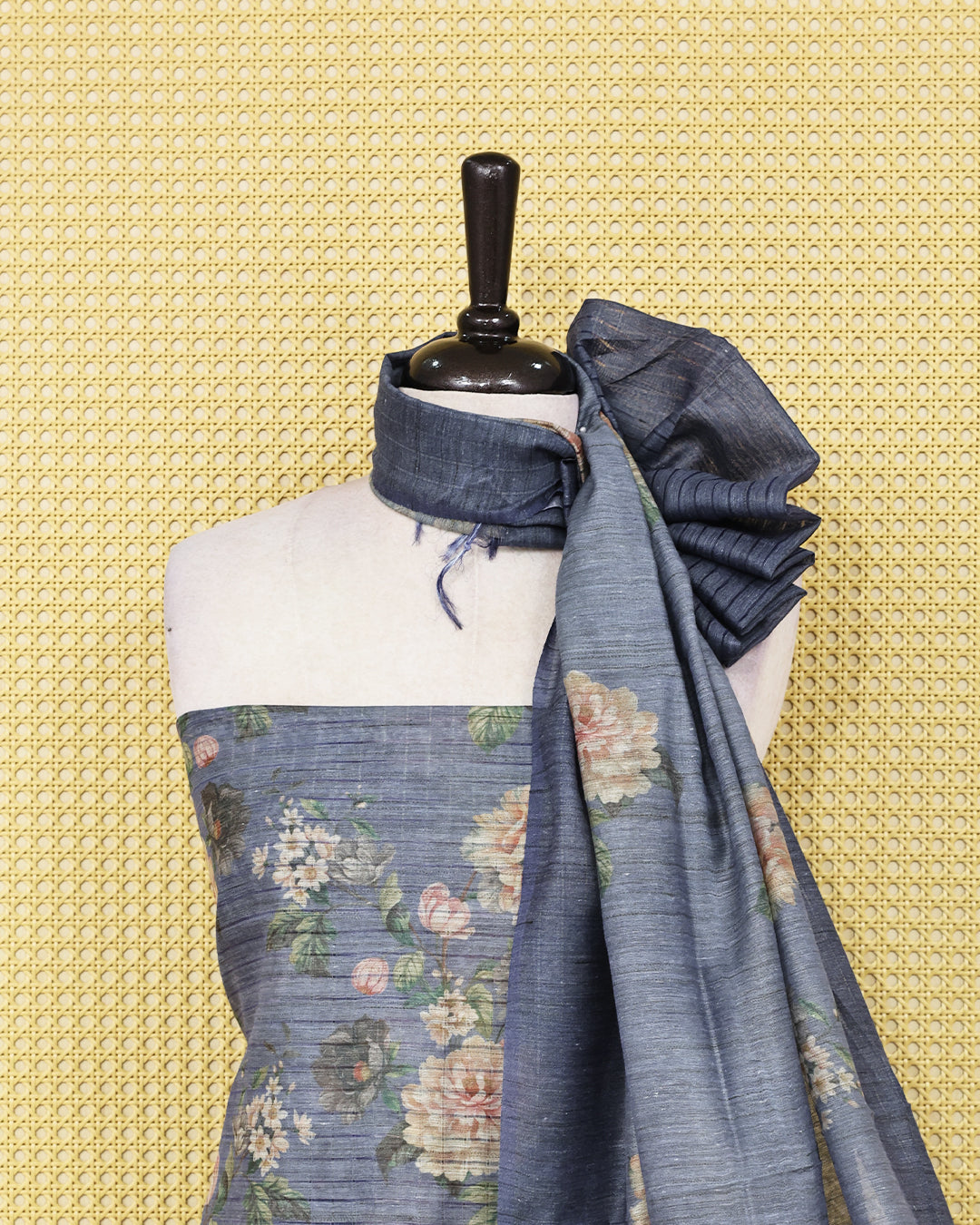 Greyish Blue colour Organza Salwar Material featuring elegant floral digital prints on the kurta, paired with a matching bottom and a self coloured floral printed dupatta.