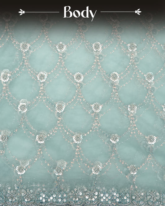 sky blue colour designer saree featuring beads & Sequins works across body & border,comes with matching blouse piece.