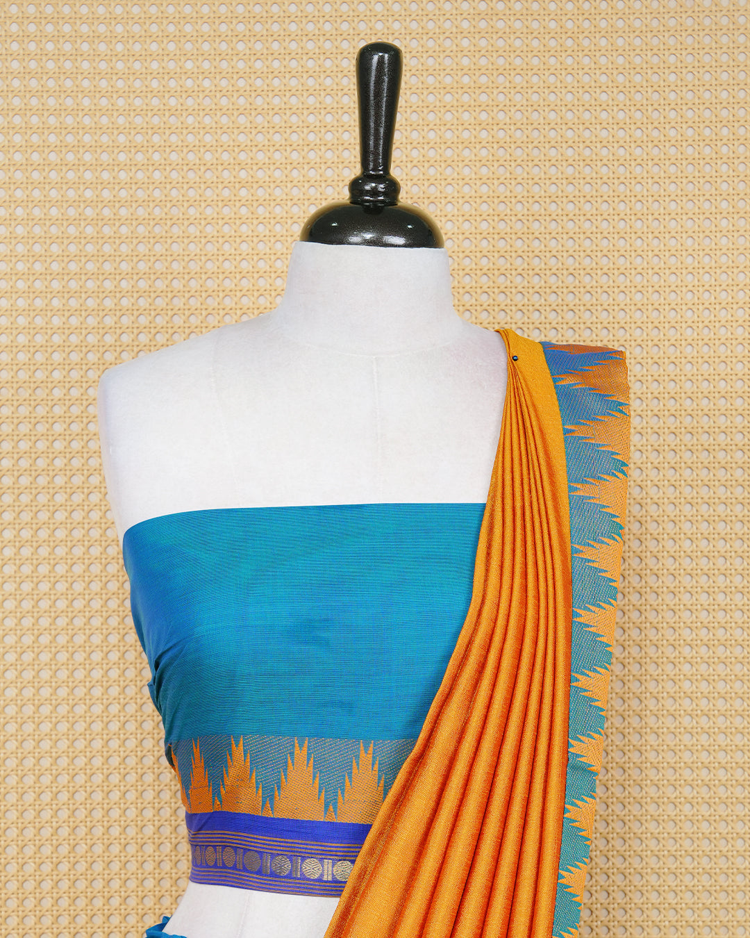 Peacock blue colour Chettinad Semi Stitched dhavani set Featuring blue with Gold zari on skirt, matching Blouse & Contrast dupatta.