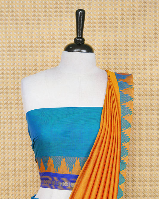 Peacock blue colour Chettinad Semi Stitched dhavani set Featuring blue with Gold zari on skirt, matching Blouse & Contrast dupatta.