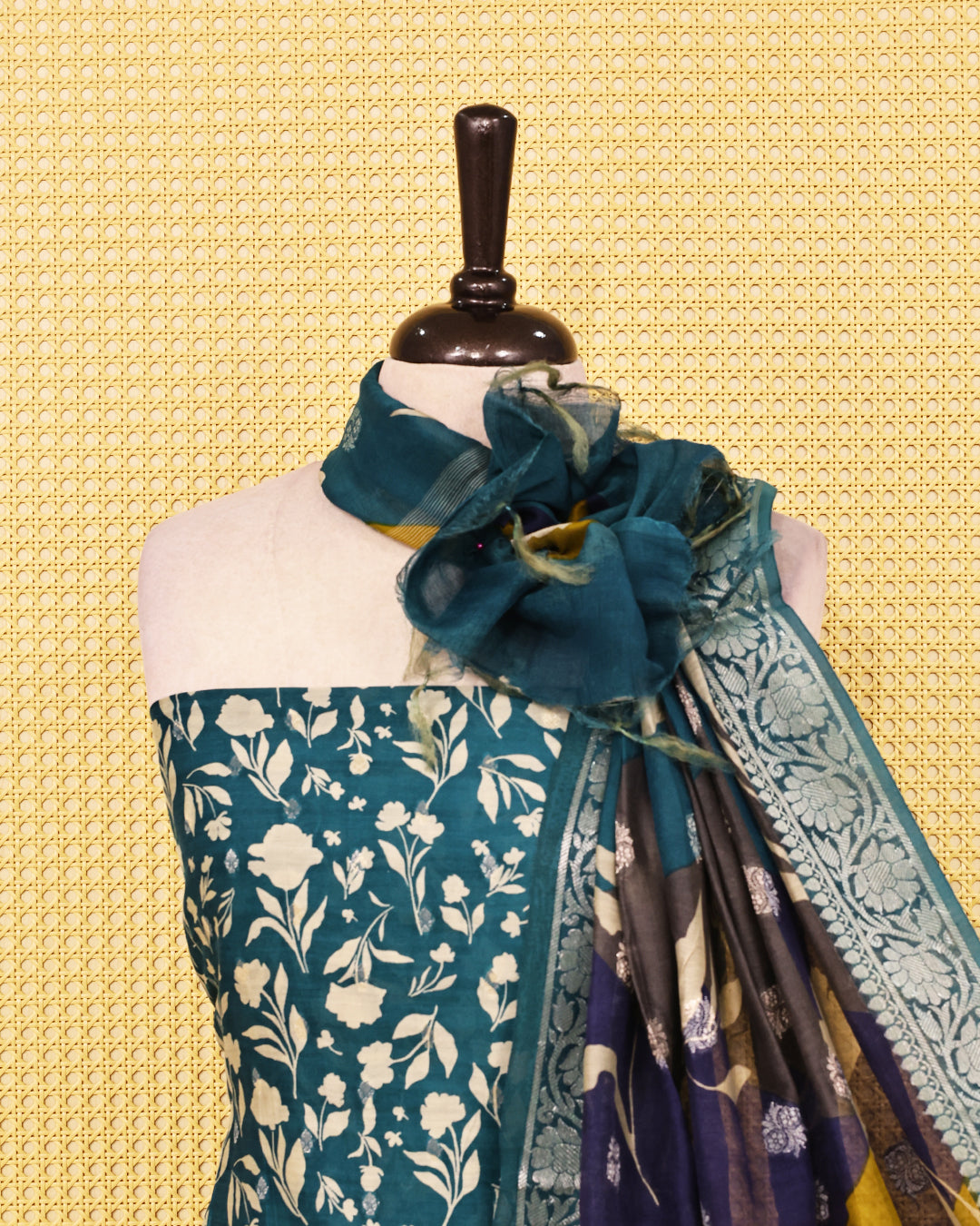 Teal Green colour chanderi Salwar material Floral print on body, paired with matching bottom & Dupatta.