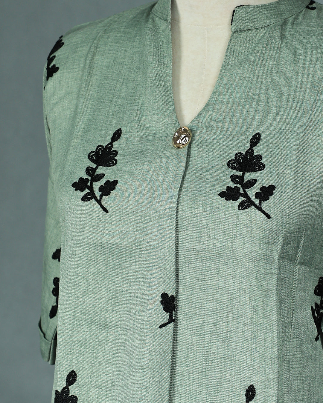 Dusty Green colour Black Thread work on body, V with Collar design, With sleeve.