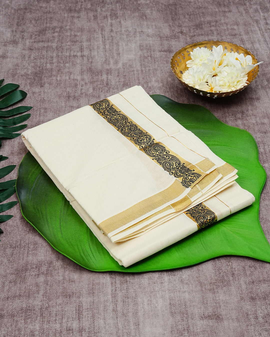 Cream-Coloured Cotton Double Dhoti with Black Ornamental Print and Gold Kara