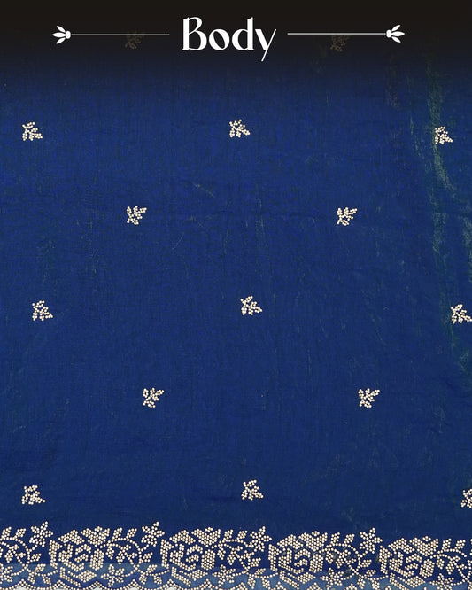 Peacock blue colour Velvet chiffon designer saree featuring delicate stone motifs on body and stone worked border, comes with matching blouse piece.