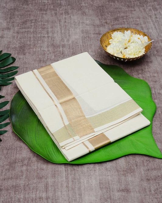 Cream Coloured Cotton Double Dhoti Finished with  Elegant Gold Kara